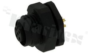 Gniazdo M12; 5-stykowe; żeńskie; proste; 4A; plastikowy gwint; na panel; z nakrętką z przodu; lutowane; IP68