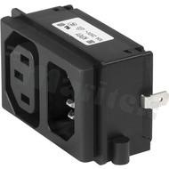Gniazdo zasilające IEC C14 z wyjściem IEC F; męskie; montaż: do panela, zatrzaskowe; do PCB; IP40; 10A/250VAC