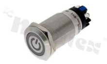 Push button switch; bistable; 19mm; screw terminals; stainless steel; red ring and power simbol illumination; IP65.