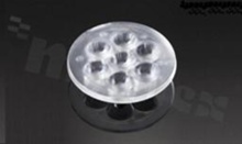 Soczewka do diod LED high power; kąt rozsyłu: 26 do 36 stopni FWHM; ilość diod: 7; rozmiar: okrąg 50mm; wysokość: 10.7mm; rodzaj materiału: PMMA; sposób mocowania: klej; kołek