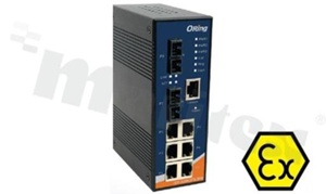 Switch przemysłowy zarządzalny z certyfikacją ATEX; 6 portów 10/100Base-T(X) RJ45 i 2 porty 100/Base-FX; złącze SC; światłówód wielomodowy; 2km/1310nm; temp. pracy -40+70 st.C; zasilanie redundantne 12...48VDC; montaż na szynie DIN