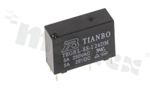 Przekaźnik elektromagnetyczny; prąd znamionowy 5A; napięcie cewki 24VDC; pojedynczy styk zwierny (1A); moc cewki 200mW; 5A/28VDC; 5A/250VAC