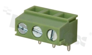 PCB terminal block; pitch 5.0mm; 3-ways; r/a; wire range 1.5mm2; rising clamp type; with screws for a flat screwdriver; brass cage; green color; UL 250V/16A