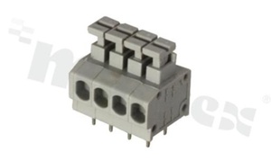 Listwa zaciskowa do PCB; w rastrze 3.81mm; 4-torowa; poziome wejście przewodu; na przewód 0.20-1.50mm2 (14-20AWG); ze stykiem sprężynowym; szara; UL 300V/10A, TUV 250V/10.5A