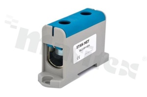 Złączka na szynę din;przelotowa;2 zaciskowa;1- torowa; zacisk śrubowy; na przewód 35-150mm2;niebieska