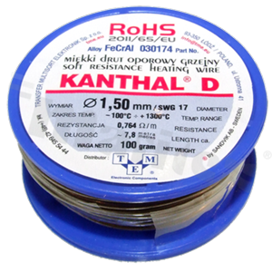 Drut oporowy grzejny Kanthal; renomowanego szwedzkiego producenta; średnica 1.50mm; SWG 17; -100+1300 st.C; 7.8m; 100g.