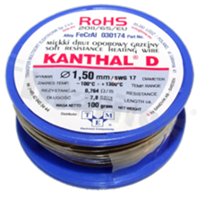 Drut oporowy grzejny Kanthal; renomowanego szwedzkiego producenta; średnica 1.50mm; SWG 17; -100+1300 st.C; 7.8m; 100g.