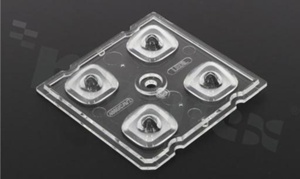 Soczewka do diod LED high power; kąt rozsyłu: asymetryczny ; ilość diod: 4; rozmiar: 50x50mm; wysokość: 6.1mm; rodzaj materiału: PMMA; sposób mocowania: klej; kołek; śruby