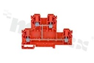 Installation terminal block; 2-level; 4-contacts; for wire 0,5-4mm2; screw terminal; red; Din rail; 1000v/32A