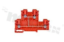 Installation terminal block; 2-level; 4-contacts; for wire 0,5-4mm2; screw terminal; red; Din rail; 1000v/32A