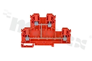 Installation terminal block; 2-level; 4-contacts; for wire 0,5-4mm2; screw terminal; red; Din rail; 1000v/32A