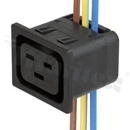 Gniazdo zasilające AC IEC 60320 J (4710), klasa ochronności I; montaż: do panela 1,5mm, zatrzaskowe; wyprowadzenia IDC; przewód 6,0mm2 / 10AWG; orientacja przewodów poprzecznie do osi pinów; kolor czarny; 16A, 250VAC