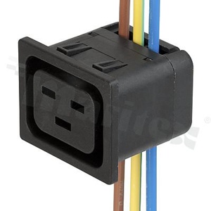 Gniazdo zasilające AC IEC 60320 J (4710), klasa ochronności I; montaż: do panela 1,5mm, zatrzaskowe; wyprowadzenia IDC; przewód 6,0mm2 / 10AWG; orientacja przewodów wzdłuż osi pinów; kolor czarny; 16A, 250VAC