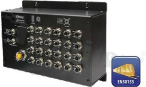 Switch przemysłowy kolejowy PoE; zarządzalny; norma kolejowa EN50155; 16 portów 10/100Base-T(X) PoE; 8 portów 10/100/1000Base-T(X); złącza M12; temp. pracy: -40+75 st.C; zasilanie redundantne 48VDC; WYCOFANY Z PRODUKCJI