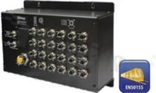 EN50155 24-port managed PoE Ethernet switch with 16x10/100Base-T(X) P.S.E. and 8x10/100/1000Base-T(X); M12 connector
