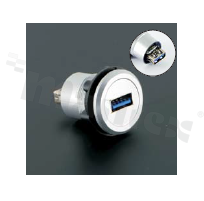 Gniazdo USB3.0; żeńskie; otwór montażowy 22mm; podłączenie na wtyk USB3.0 żeński; korpus srebrny; plastik.