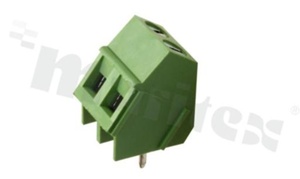 PCB terminal block; pitch 5.0mm; 2-ways; 45 deg angle; wire range 2.5mm2 (AWG 24-12); rising clamp type; with screws for a flat screwdriver; brass cage; UL 250V/16A