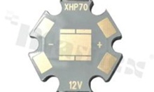 MCPCB, thermal conductivity 2W/(m*K), thickness: 1.6mm, number of layers - 1, copper layer thickness 35um, white soldermask, legend color: gold, size: 22mm star, pad cover: gold; for Cree XHP LEDs, /70