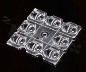 Lens for LED high power; angle: asymmetric; Number of LEDs: 8; Dimensions: 50x50mm; Height: 4.9mm; meterial: PMMA; Fastening: screw