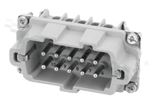 Male insert; Heavy-Mate E series; 10 pins(10+PE); size: E10; 19A; 500V; wire 0.5-4mm2; contacts plating: silver plated; screw; with wire protection