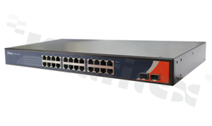 Industrial 26-port rack mount unmanaged Ethernet switch with 24x10/100Base-T(X) and 2x100Base-FX; SFP socket; supply 100...240VAC; operating temperature -40+70 deg.C; RACK