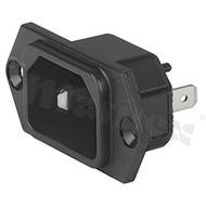AC power inlet IEC 60320 C18, protection class II; mounting: screw-on; QC 4.8x0.8mm terminals; black; IP40; 10A, 250VAC