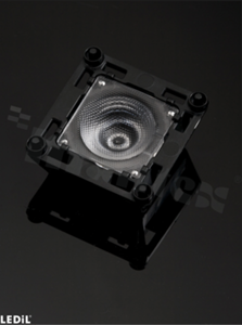 Lens to LED high power; 40 deg wide beam FWHM; dims: 40x40mm; height: 13.00mm; material: PC; black holder; fastenings: tape