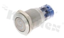 Przełącznik wandaloodporny; bistabilny; 16mm; terminale do lutowania; stal nierdzewna; podświetlenie symbol POWER czerwone, LED 12V; IP65.