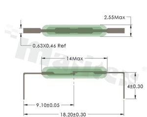 Miniature Close-differential reed switch RS-MC-1425, Operate Band: 22-38AT, Switching Current (max): 0,5A, Dimensions: FI2,55x14mm, Horizontal Mount