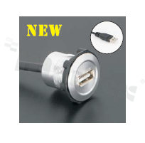 Gniazdo USB2.0; żeńskie; otwór montażowy 22mm; podłączenie na wtyk USB2.0 męski; długosć przewodu 60cm; korpus srebrny; stop aluminium.