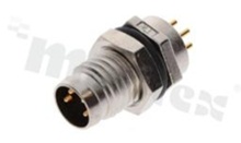 Gniazdo M8; bez klucza pozycyjonującego; 4-stykowe; męskie; 3A; proste; na panel; z nakrętką od przodu; PCB; IP67