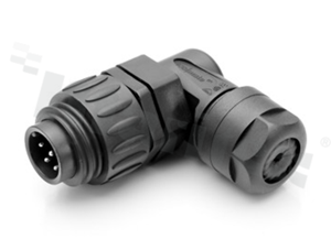 Wtyk ECOMATE seria C016, 7-stykowy (6+PE), męsski, kątowy, 12A, 250V, kabel: max.0.75mm2( AWG18), styki srebrzone, lutowane, kolor: czarny, IP67