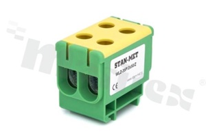 Złączka na szynę din;przelotowa;4 zaciskowa;2- torowa; zacisk śrubowy; na przewód 2,5-50mm2;zielono-żółta