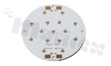 MCPCB, thermal conductivity 1.5W/(m*K), thickness: 1.6mm, number of layers - 1, copper layer thickness 35um, white soldermask, legend color: gold, size: diameter 81mm, pad cover: gold; for XP/XT LEDs, /15
