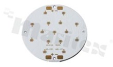 MCPCB, thermal conductivity 1.5W/(m*K), thickness: 1.6mm, number of layers - 1, copper layer thickness 35um, white soldermask, legend color: gold, size: diameter 81mm, pad cover: gold; for XP/XT LEDs, /15