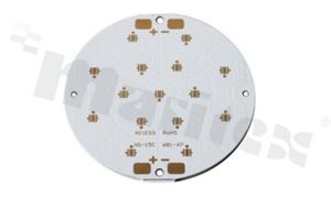 MCPCB, thermal conductivity 1.5W/(m*K), thickness: 1.6mm, number of layers - 1, copper layer thickness 35um, white soldermask, legend color: gold, size: diameter 81mm, pad cover: gold; for XP/XT LEDs, /15