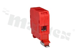 Installation terminal block; 1-level; 2-contacts; for wire 4-35mm2; screw terminal; red; Din rail; 690V/125A