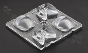 Lens for LED high power; angle: asymmetric; Number of LEDs: 4; Dimensions: 50x50mm; Height: 11.3mm; meterial: PMMA; Fastening: glue; pin; screw
