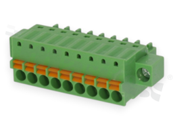 Pluggable terminal block; 3.50mm pitch; 9-ways; female; for wire 1.50mm2 (28-16AWG); wire insertion direction same as plug-in direction;  with fixing screw; p.bronze contacts; spring clamp; brass cage; UL 300/8A TUV 250/12A