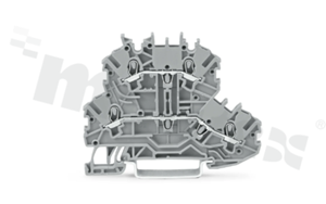 Złączka instalacyjna; 2-poziomowa; przelotowa; 4-zaciskowa na przewód 0.14-1.5mm2 (24-16AWG); ze stykiem sprężynowym; szara; na szynę DIN; 300V/15A