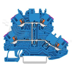 Złączka instalacyjna; 2-poziomowa; przelotowa; przyciski; 4-zaciskowa na przewód 0.14-1.5mm2 (24-16AWG); ze stykiem sprężynowym; niebieska; na szynę DIN; 300V/10A