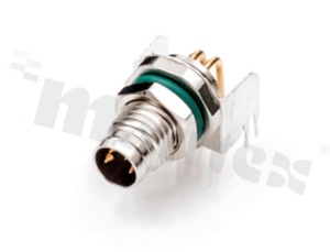 Gniazdo m8; bez klucza pozycyjonującego; ekranowane; 4-stykowe; męskie; 4A; kątowe; na panel; z nakrętką z przodu; lutowane; IP68