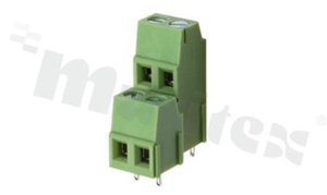 Listwa zaciskowa do PCB; w rastrze 5.08mm; 4-torowa(2+2); pionowa; na przewód 2.50mm2; ze śrubami na wkrętak płaski; klatka mosiężna; zielona; UL 400V/16A