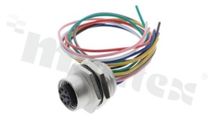 Receptacle M12; A-code; 8 pins; female; straight; 2A; for panel; rear side nut; 15cm wire; IP68