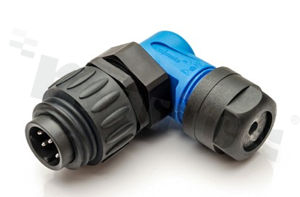 Wtyk ECOMATE seria C016, 7-stykowy (6+PE), męski, kątowy, 12A, 250V, kabel: max.0.75mm2( AWG18), styki srebrzone, lutowane, kolor: czarno-niebieski, IP67