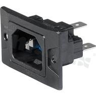 Gniazdo zasilające IEC C18; klasa ochronności II; zaciski QC 6,3 × 0,8 mm; kolor czarny; bez uszczelnienia; V-Lock; montaż: do panela, śruba; IP20; 10A/250VAC