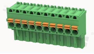 Listwa zaciskowa rozłączalna; w rastrze 5.08mm; 10-torowa; żeńska; na przewód 2.50mm2 (26-12AWG); kątowa; z zaciskiem sprężynowym; styki z fosforobrązu; stalowa klatka; UL 300/10A TUV 320/20A
