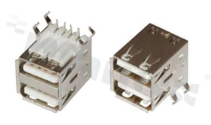 Socket USB 2xA; right angle; white insulator; 3u" gold plating contacts