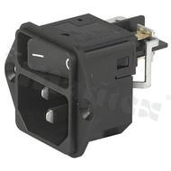Gniazdo zasilające IEC C18; z przełącznikiem 2-polowym; niepodświetlane; na panel-zatrzask 2mm; 15A/250VAC.