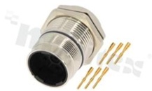 Socket M23; 6 pins; male; straight; 28A; for panel; crimp termination; front side nut; IP67